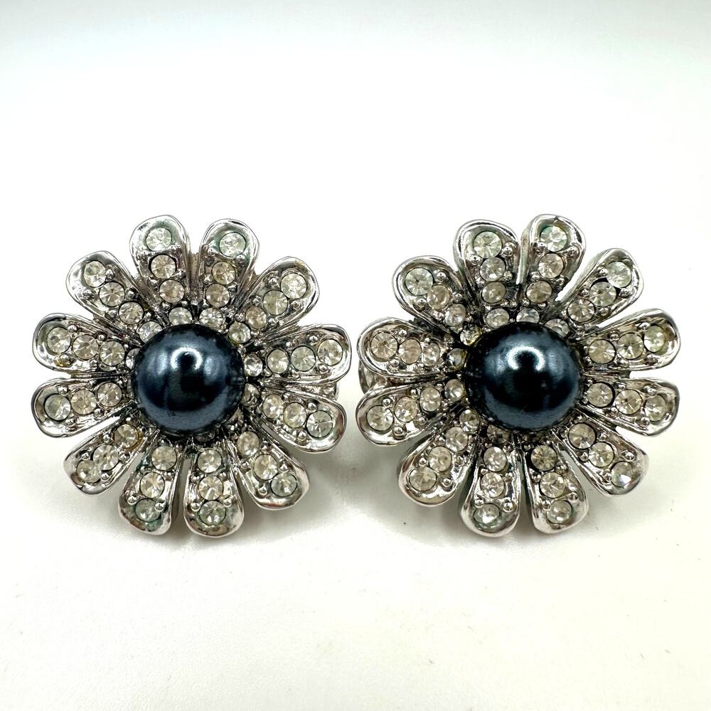 St. John vintage silver tone rhinestones faux black pearl clip on earrings
